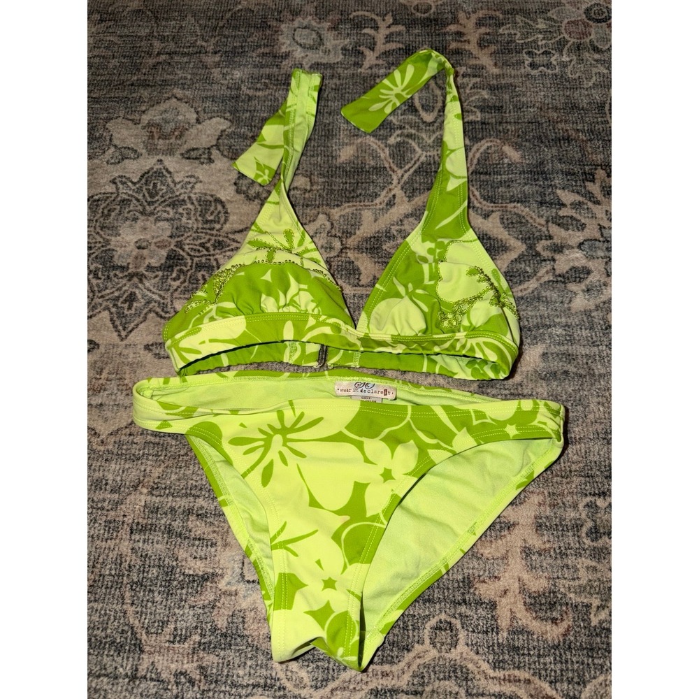 Vintage Y2K Beaded Tropical Flowers Green Bikini Swimsuit Set